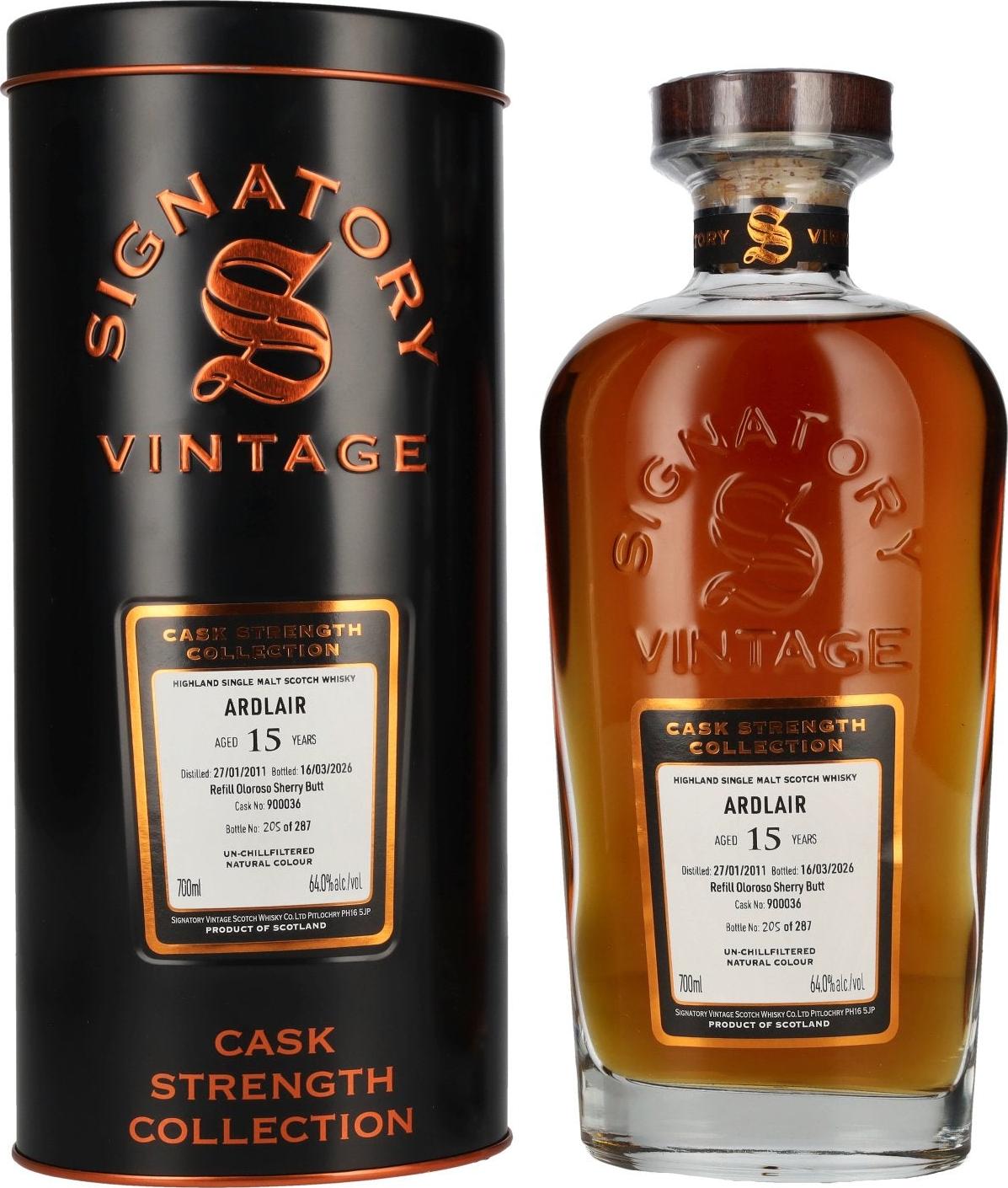 Signatory Vintage ARDLAIR 15 Years Old Refill Oloroso Sherry Butt Cask Strength 2011 64% Vol. 0,7l in Tinbox