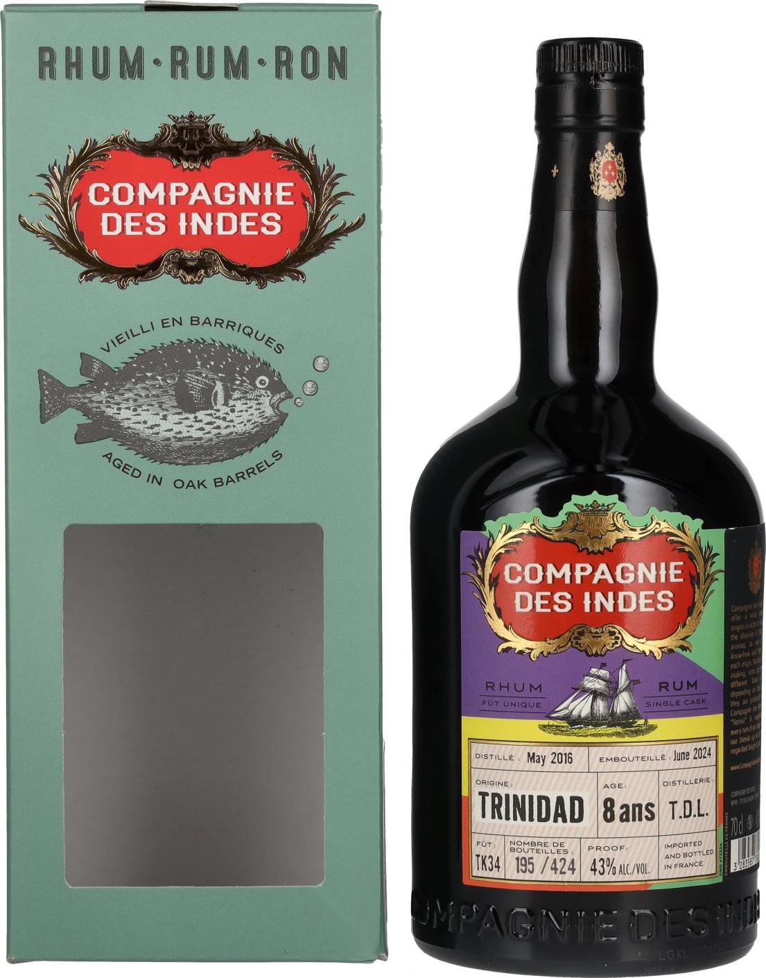 Compagnie des Indes Trinidad T.D.L Rum Single Cask Strength 8 Years Old 2016 43% Vol. 0,7l in Giftbox