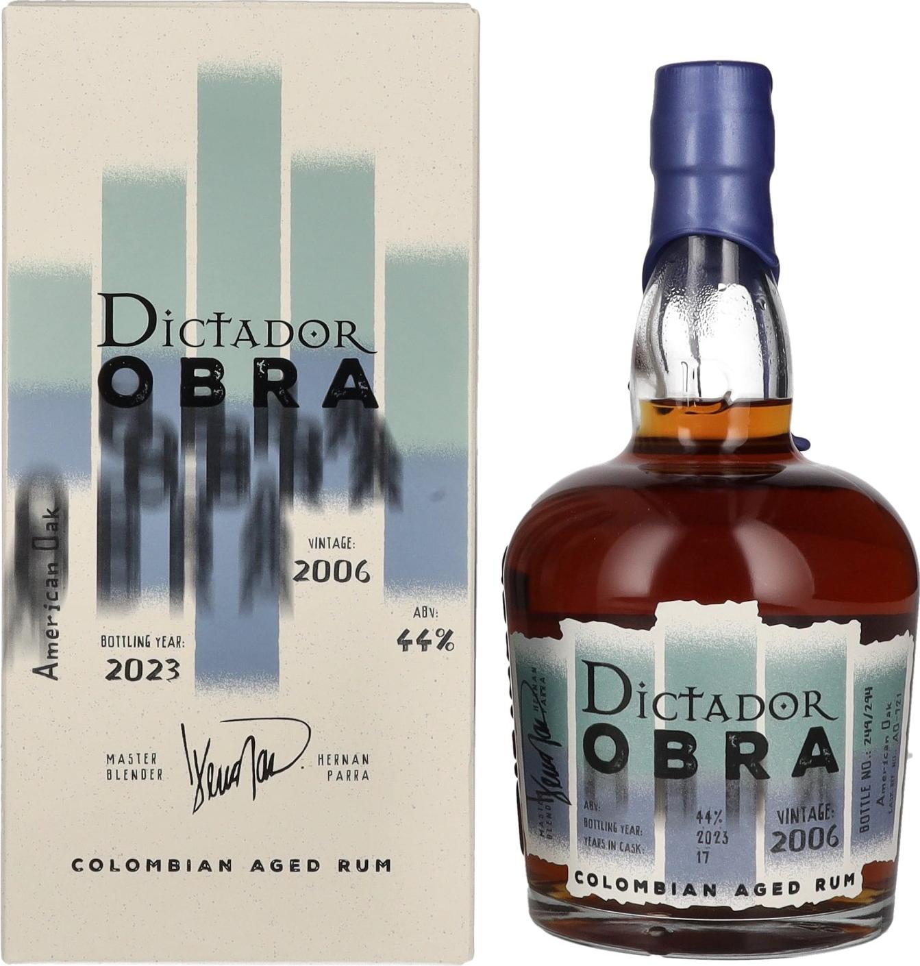 Dictador OBRA VINTAGE 17 Years Old AMERICAN OAK CASK Rum 2006 44% Vol. 0,7l in Giftbox