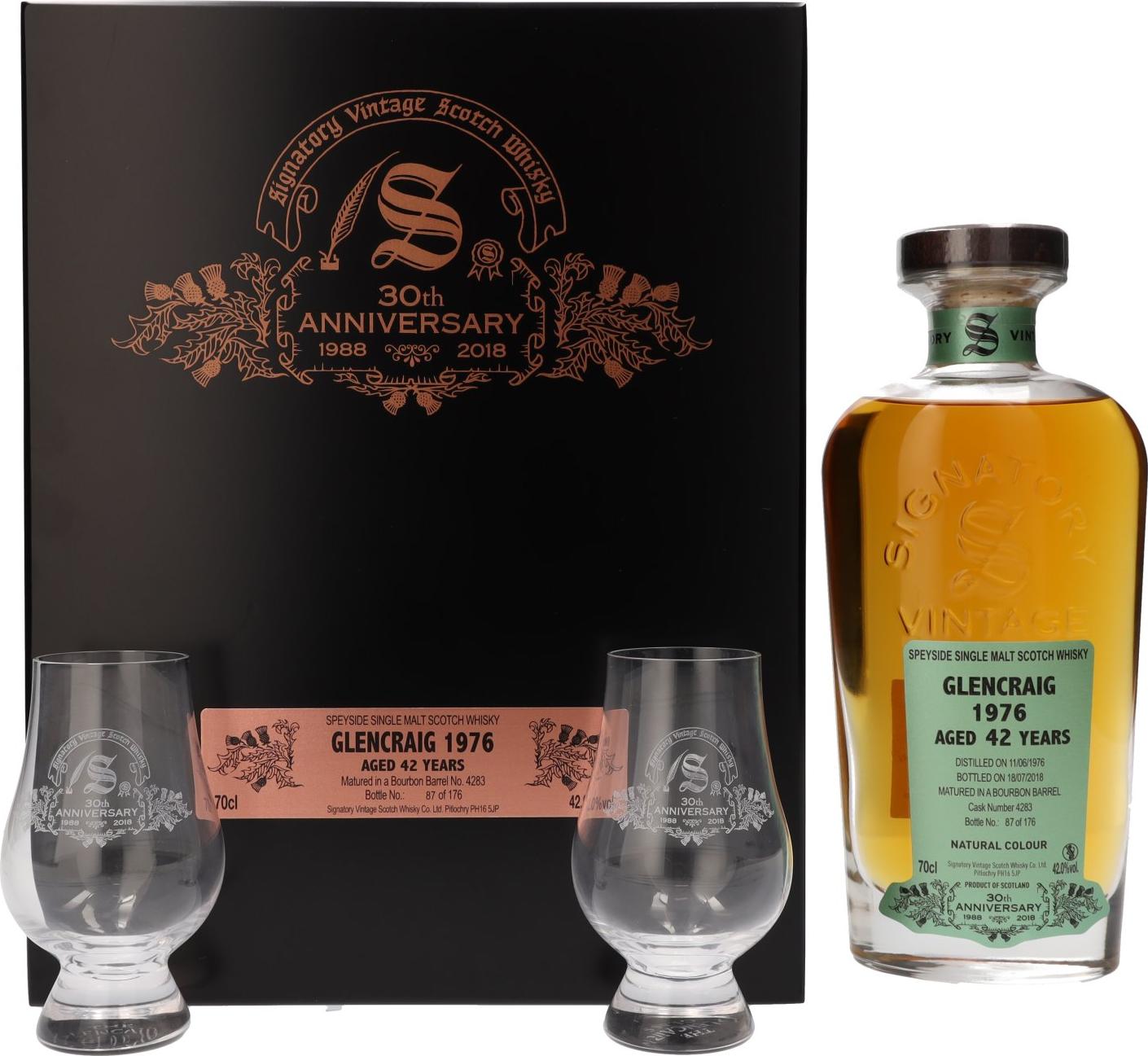 Signatory Vintage GLENCRAIG 42 Years Old 30th ANNIVERSARY 1976 42% Vol. 0,7l in Wooden box with 2 glasses