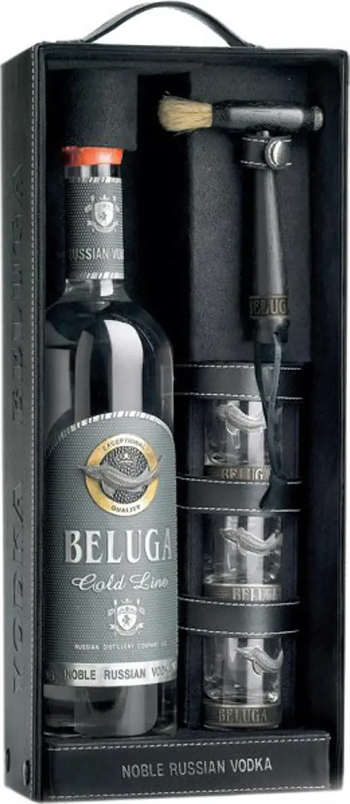 Beluga Gold Line Vodka 40% Vol. 0,7l in Giftbox (Leather look) with 3 Shot glasses