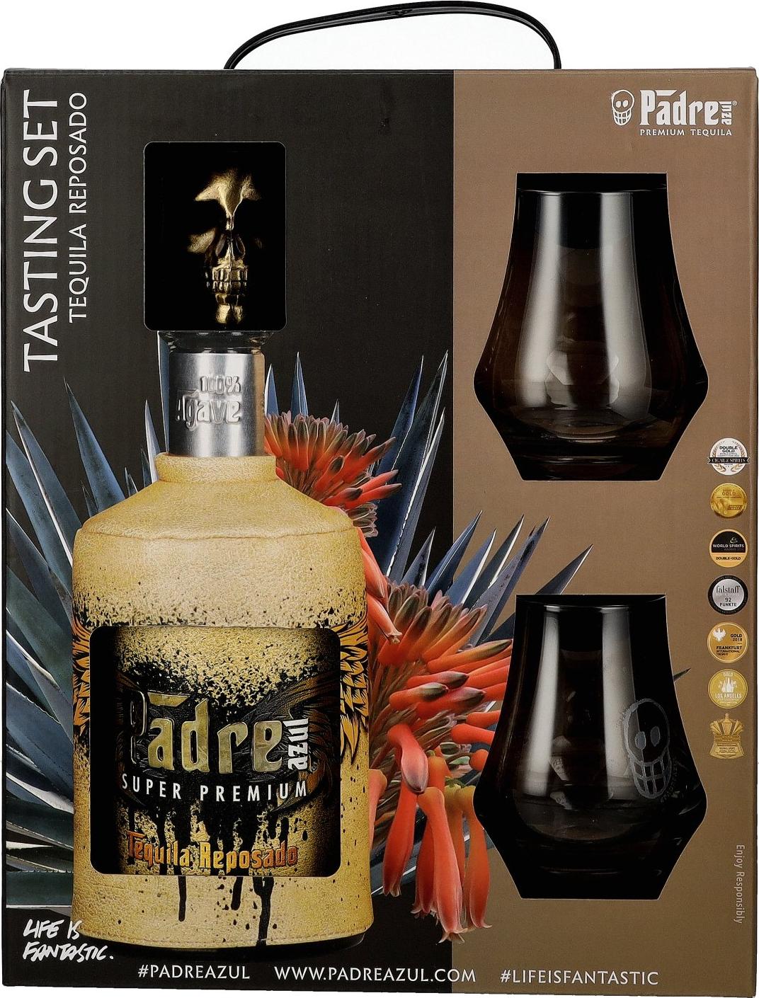 Padre Azul Super Premium Tequila Reposado 100% Agave 40% Vol. 0,7l in Giftbox with 2 glasses
