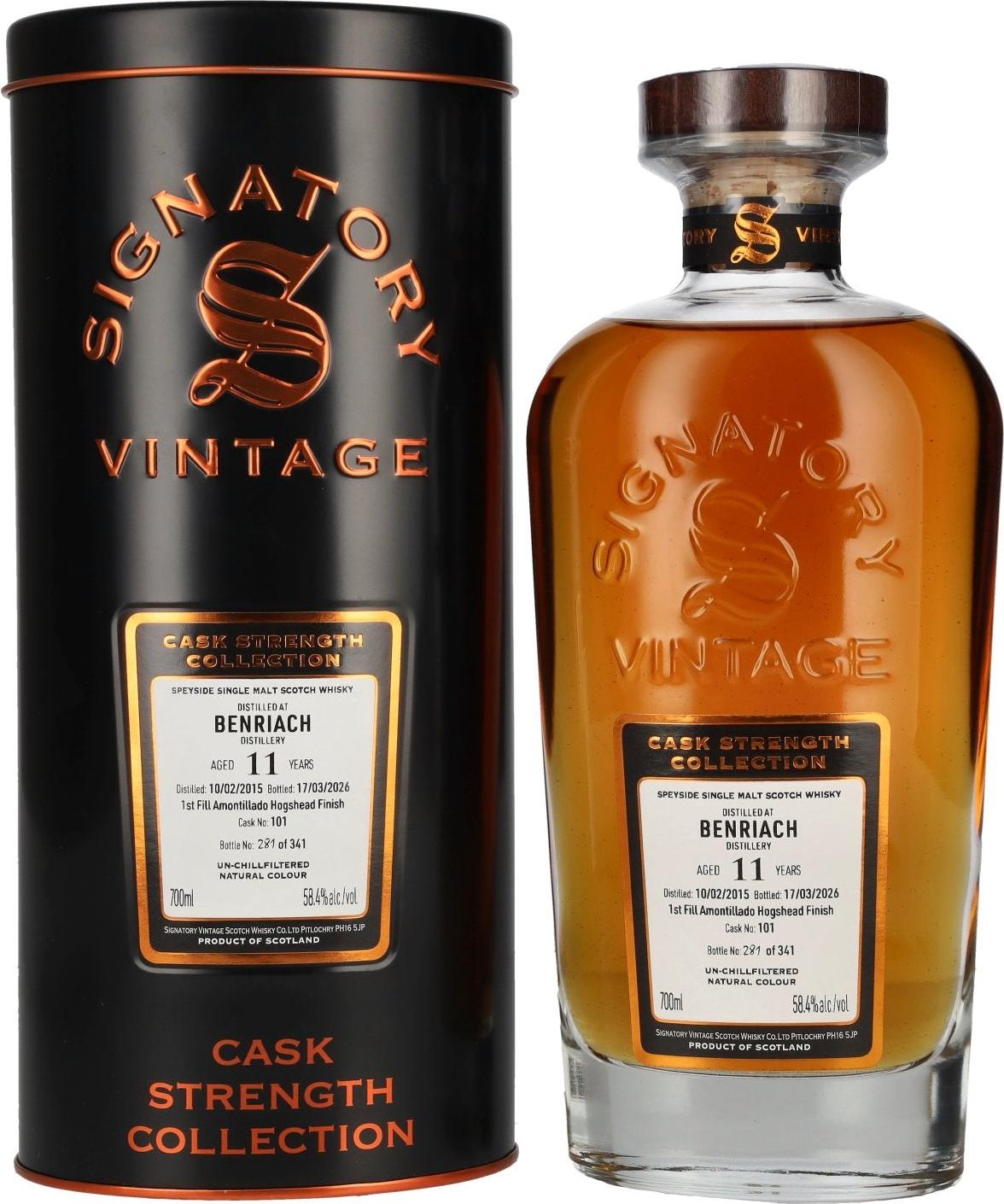 Signatory Vintage BENRIACH 11 Years Old 1st Fill Amontillado Cask Cask Strength #101 2015 58,4% Vol. 0,7l in Tinbox