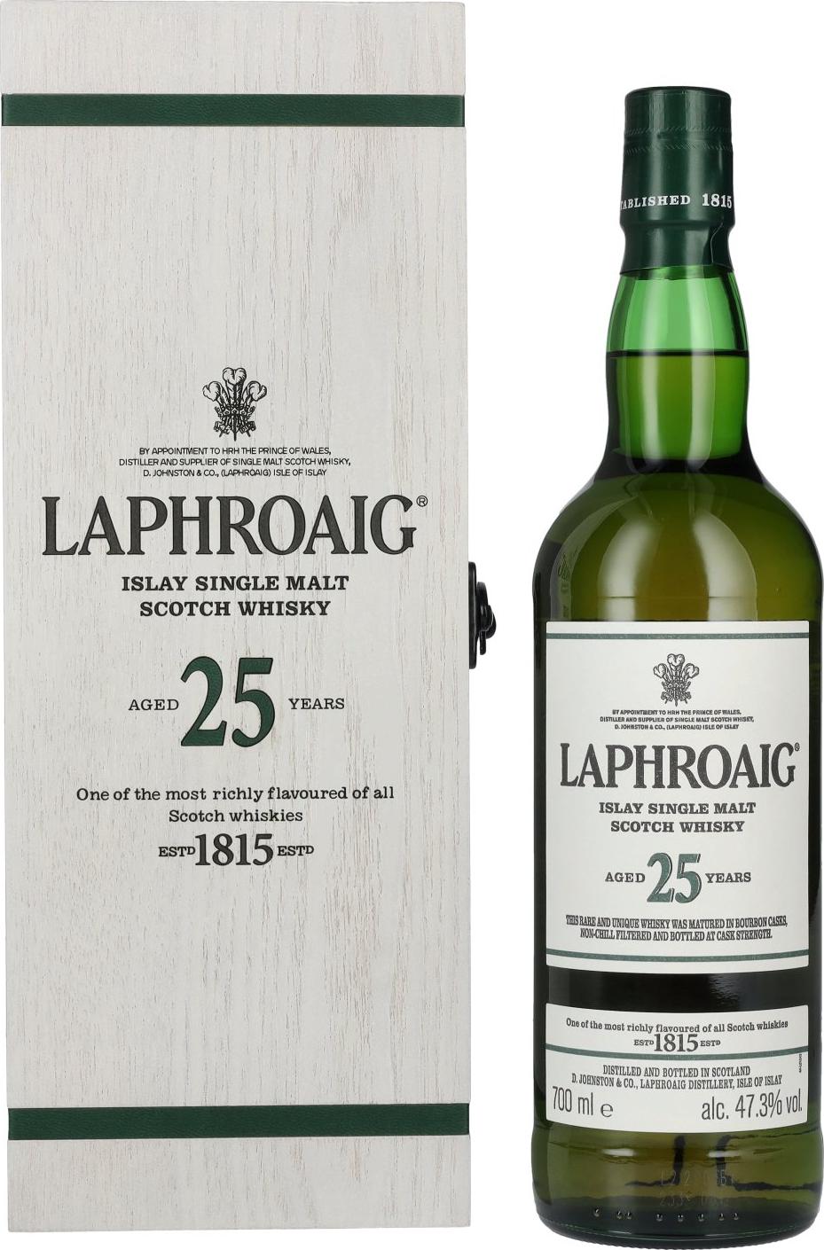 Laphroaig 25 Years Old Islay Single Malt Scotch Whisky 2023 47,3% Vol. 0,7l in Wooden box