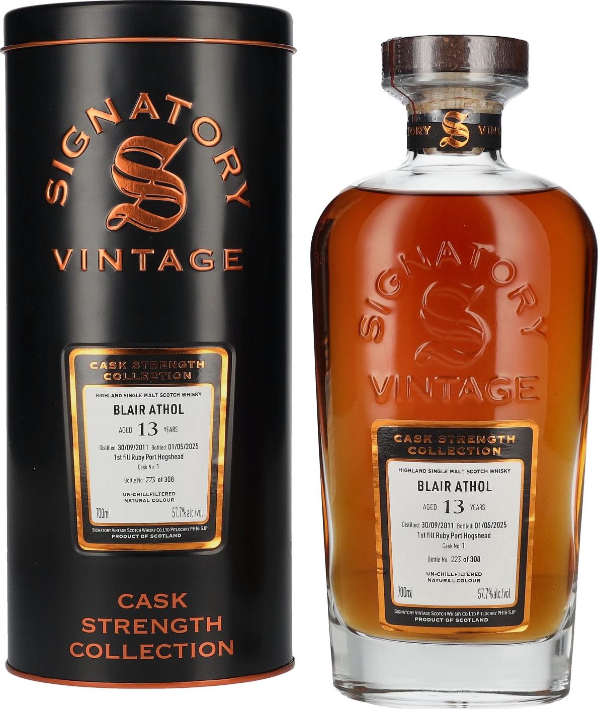 Signatory Vintage BLAIR ATHOL 13 Years Old 1st Fill Ruby Port Cask Strength #1 2011 57,7% Vol. 0,7l in Tinbox
