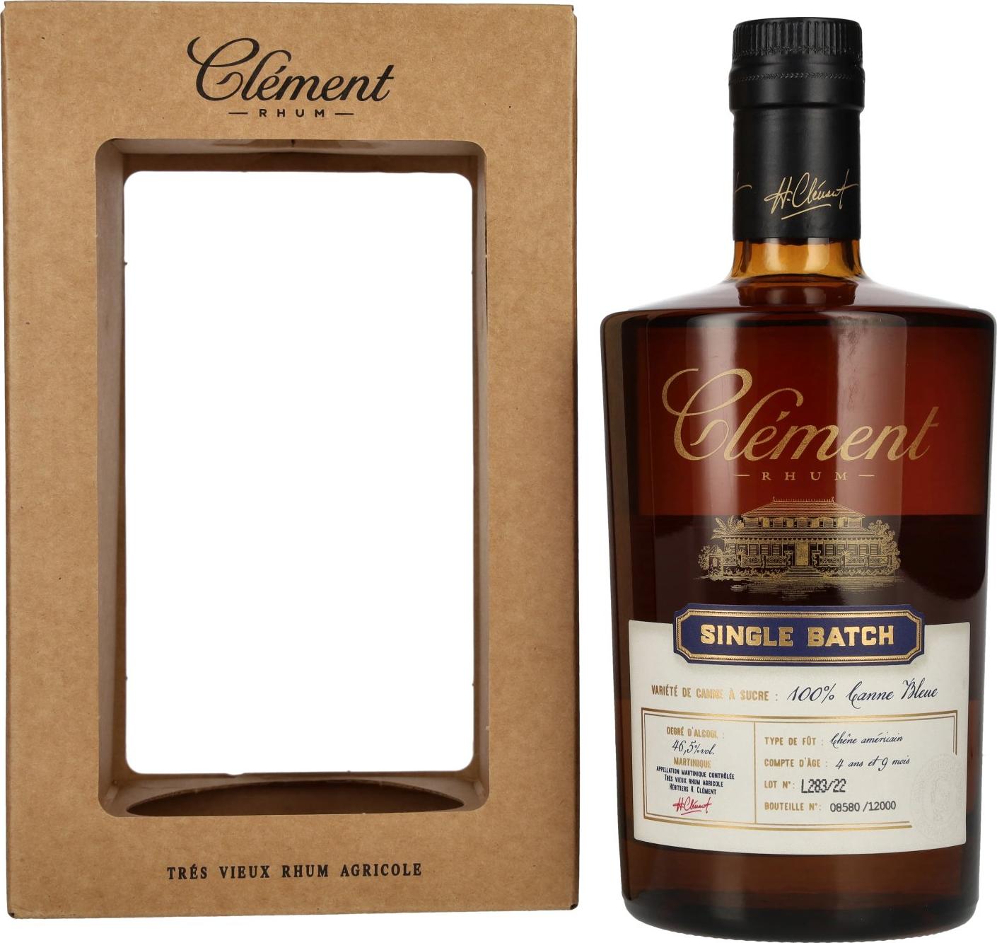 Clément Trés Vieux Rhum Agricole SINGLE BATCH 100% Canne Bleue 46,5% Vol. 0,5l in Giftbox