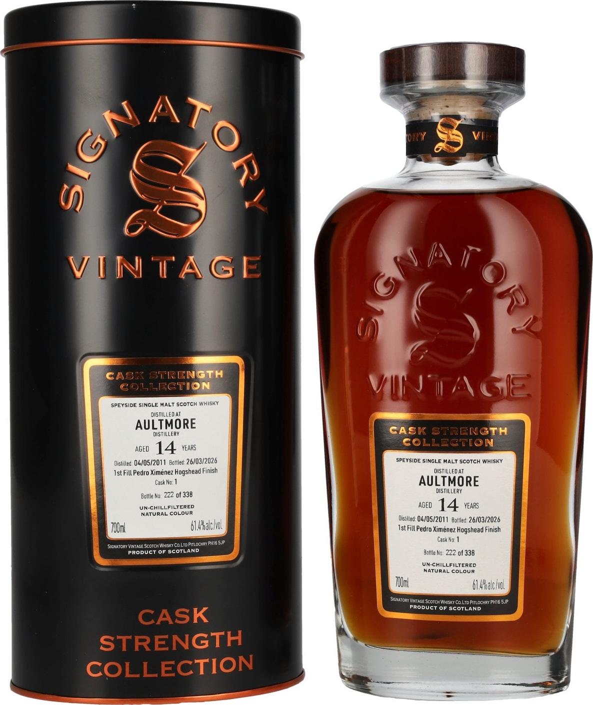 Signatory Vintage AULTMORE 14 Years Old 1st Fill PX Hogshead Cask Strength #1 2011 61,4% Vol. 0,7l in Tinbox