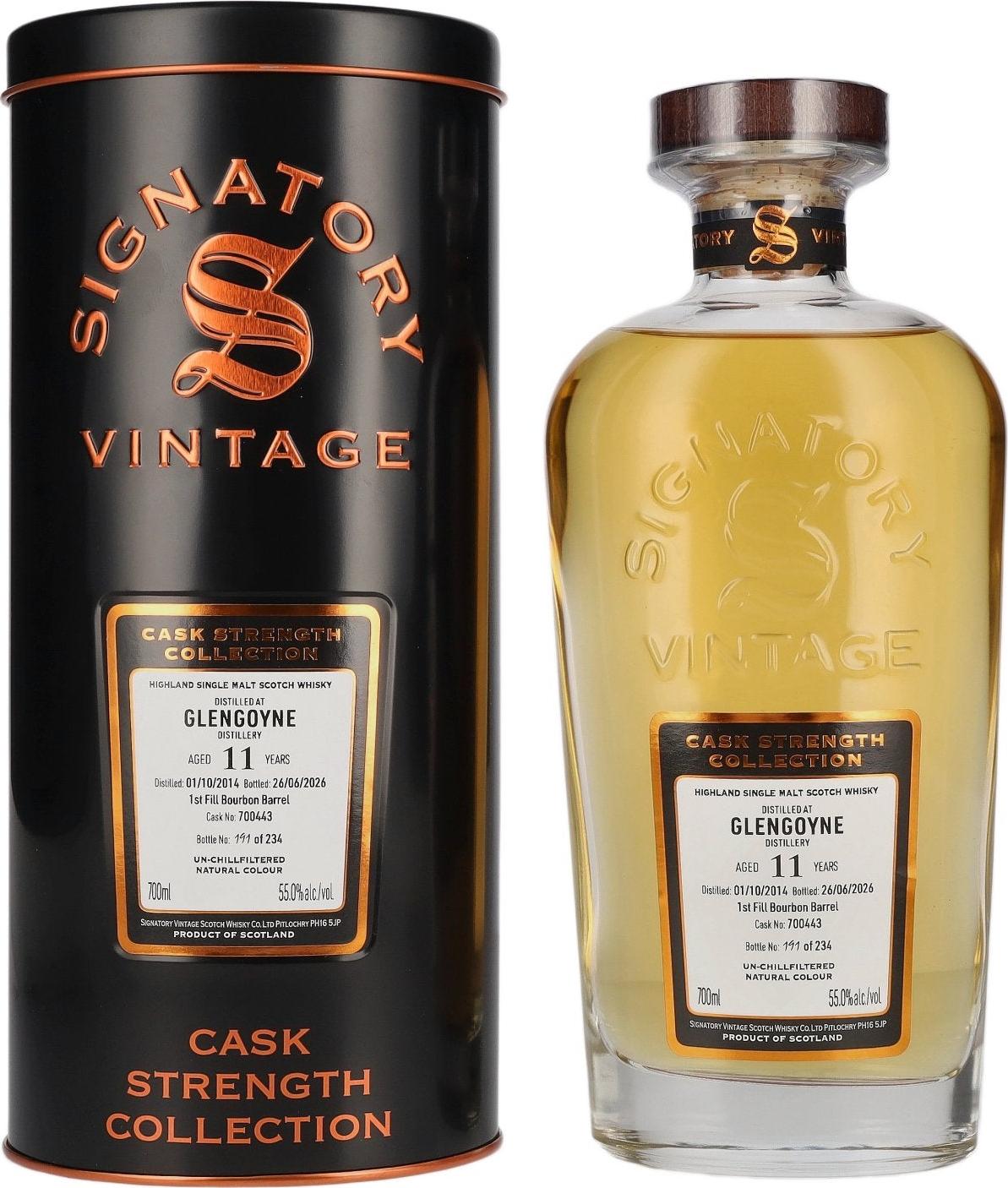 Signatory Vintage Glengoyne 11 Years Old 1st Fill Bourbon Barrel Cask Strength #700443 2014, 55% Vol., 0.7l Tinbox