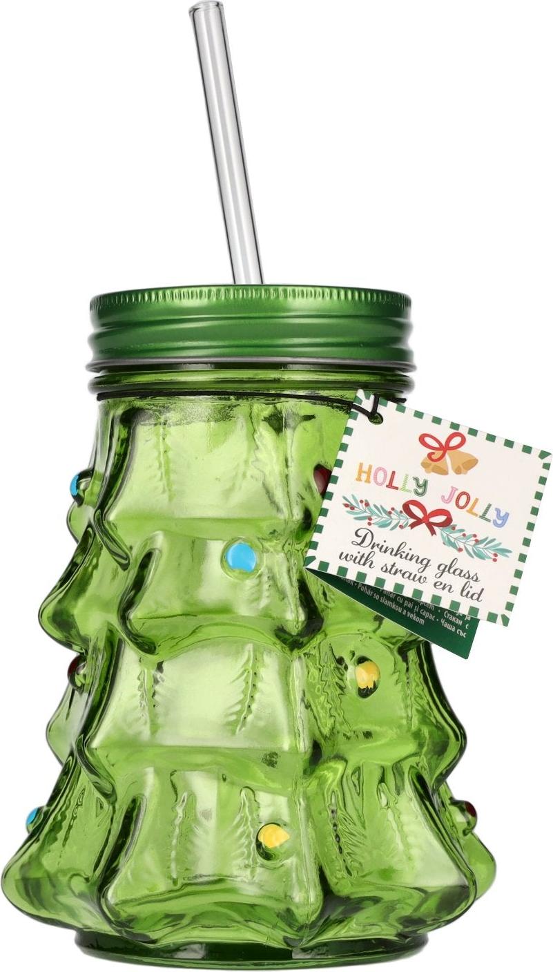 Rechberger Christmas Tree Drinking Glass with Lid and Straw, 0.5L
