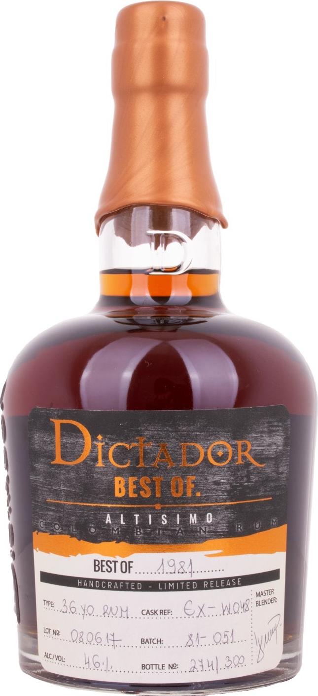 Dictador BEST OF 1981 ALTISIMO Colombian Rum 36YO/080617/EX-W048 46% Vol. 0,7l