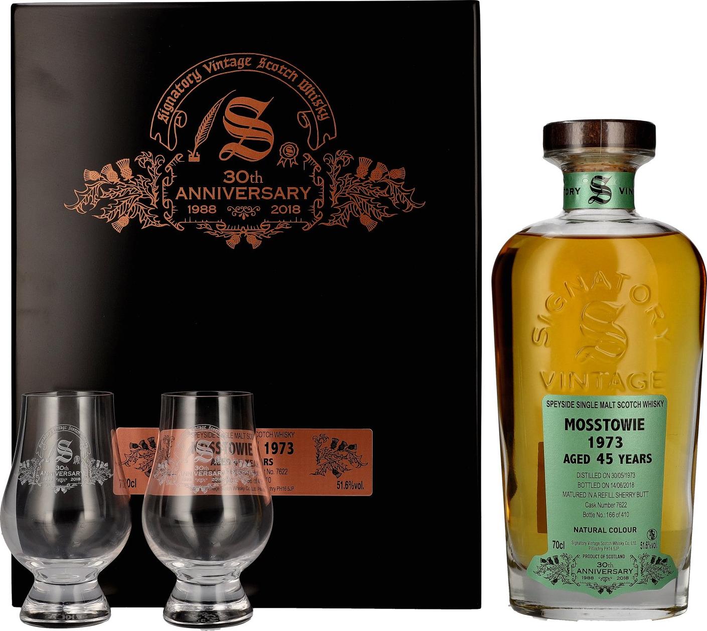 Signatory Vintage MOSSTOWIE 45 Years Old 30th ANNIVERSARY 1973 51,6% Vol. 0,7l in Wooden box with 2 glasses