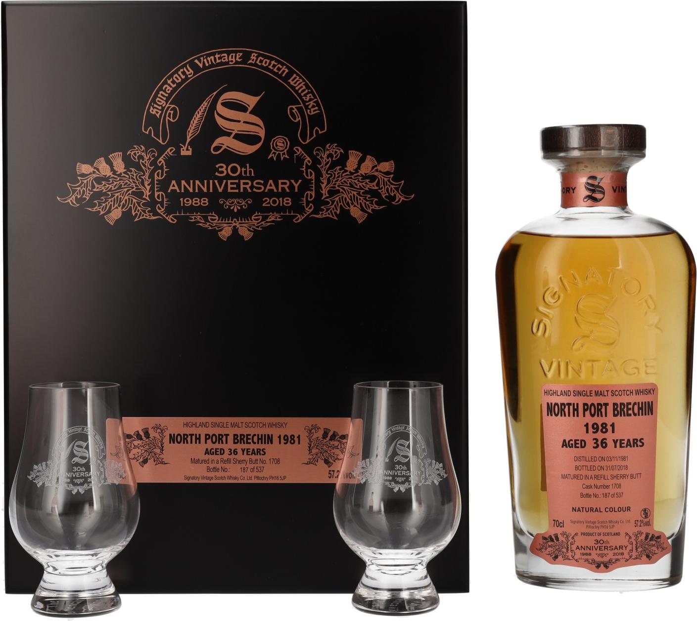 Signatory Vintage NORTH PORT BRECHIN 36 Years Old 30th ANNIVERSARY 1981 57,2% Vol. 0,7l in Wooden box with 2 glasses