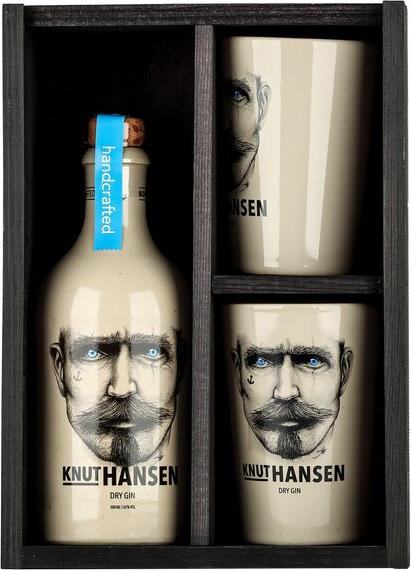 Knut Hansen Dry Gin 42% Vol. 0,5l in Wooden box with 2 ceramic mugs