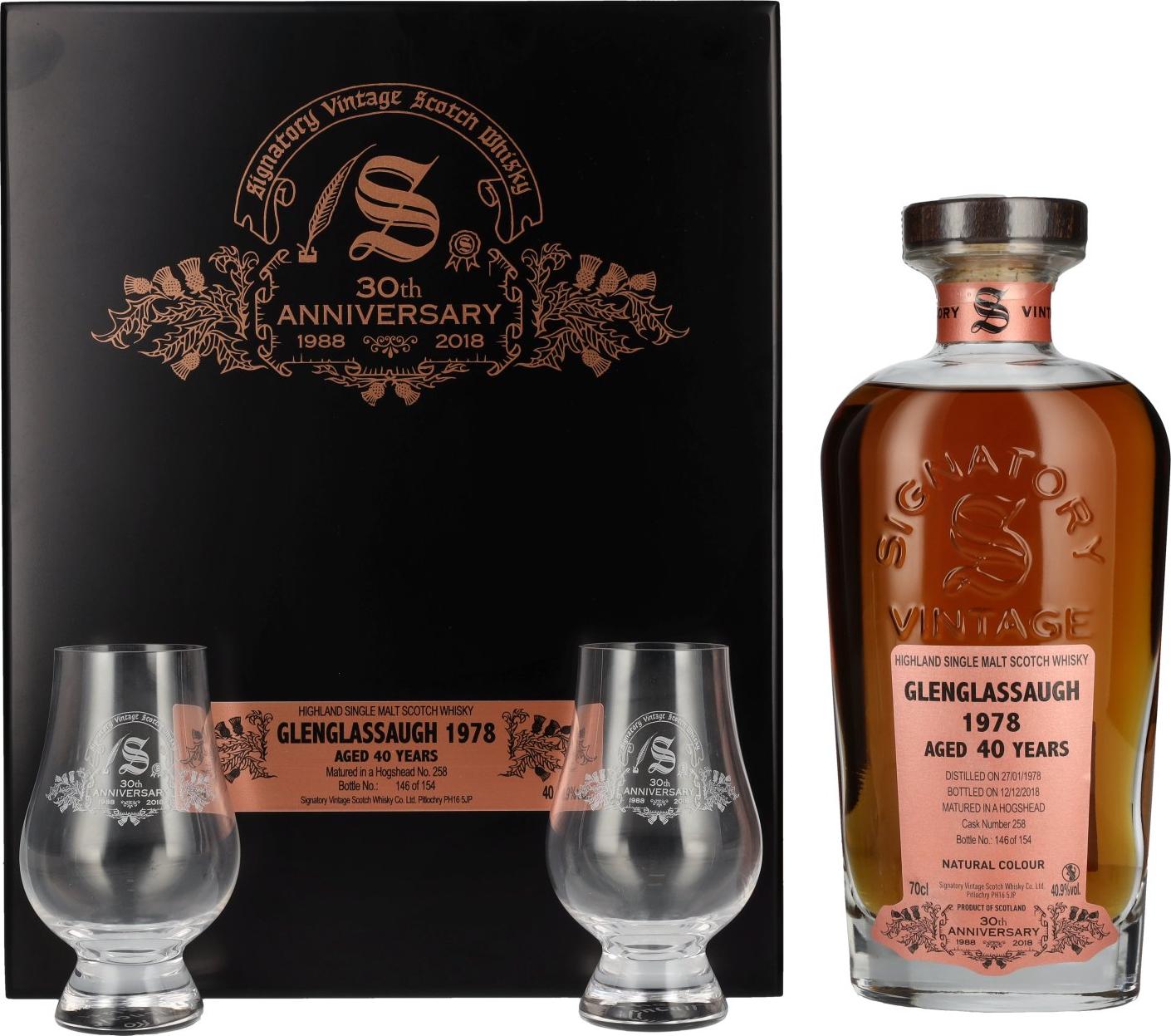 Signatory Vintage GLENGLASSAUGH 40 Years Old 30th ANNIVERSARY 1978 40,9% Vol. 0,7l in Wooden case with 2 glasses