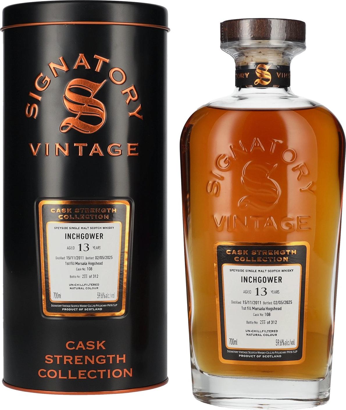 Signatory Vintage INCHGOWER 13 Years Old 1st Fill Marsala Cask Strength #108 2011 59,6% Vol. 0,7l in Tinbox