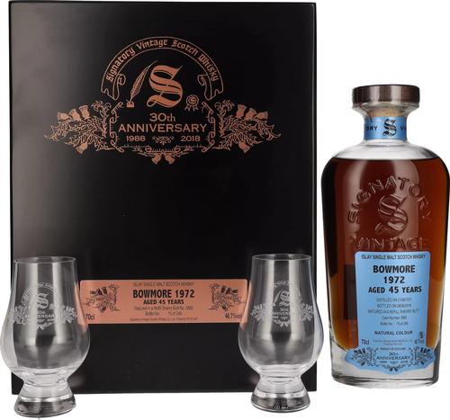 BOWMORE 45 Years Old 30th ANNIVERSARY 1972 46,7% Vol. 0,7l in Wooden box with 2 glasses