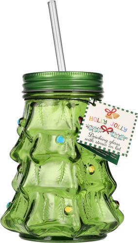 Christmas Tree Drinking Glass with Lid and Straw, 0.5L